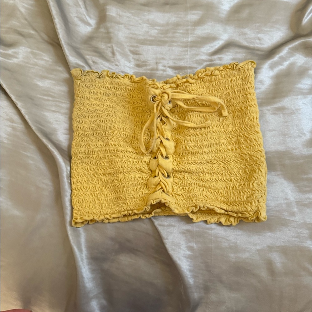 Me to We Yellow Lace-Up Smocked Crop Top